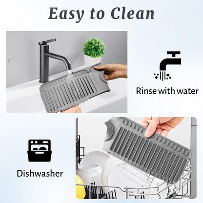 PoYang 24 Inch Faucet Mat for Kitchen Sink Splash Guard, Silicone, Black | Sink Protectors with 7° Slope for Smooth Drainage, Snap Button Holds It in Place, 90° Foldable & Cuttable Hole Fit Most Sinks