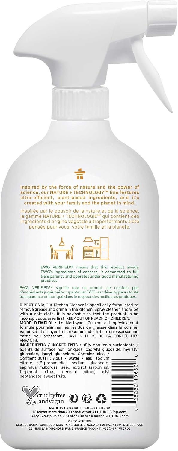 ATTITUDE Kitchen Cleaner Spray, EWG Verified, Degreaser Spray to Cut Grease & Grime, Plant-Based & Vegan, Citrus Zest Scent, 27.1 Fl Oz