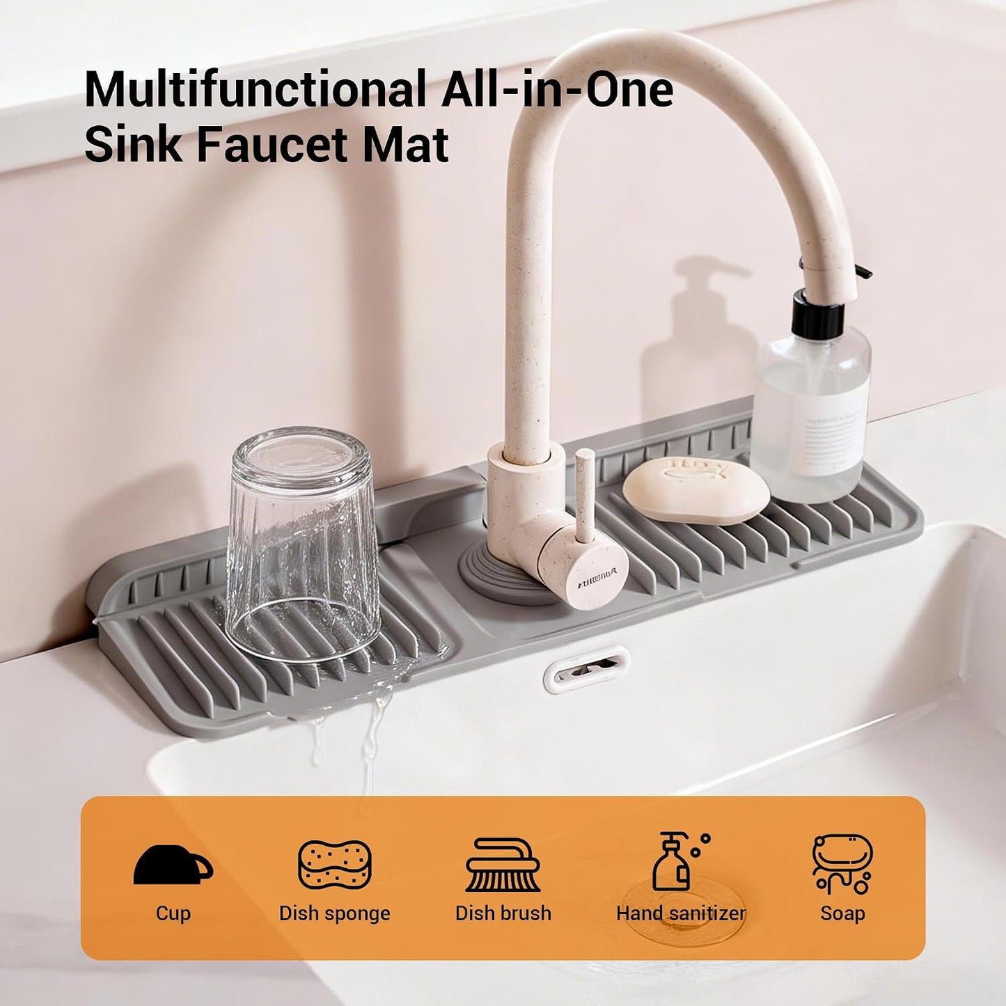 ZJWZLG Faucet Mat for Kitchen Sink, 14"X5.5" Silicone Sink Splash Guard , Snap-On Design & 7°slope Fast Drain, Folding Sink Faucet Mat for Universal Kitchen Bathroom Sink(Grey)