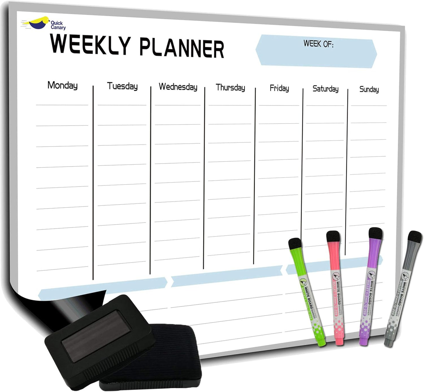 Large Magnetic Weekly Planner for Fridge, Dry Erase Whiteboard | 17x12" Stain-Resistant Surface, Strong Full-Back Magnet, 7-Day Weekly Planner for Meals & Chores, 4 Markers & Eraser