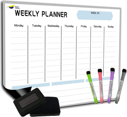 Large Magnetic Weekly Planner for Fridge, Dry Erase Whiteboard | 17x12" Stain-Resistant Surface, Strong Full-Back Magnet, 7-Day Weekly Planner for Meals & Chores, 4 Markers & Eraser