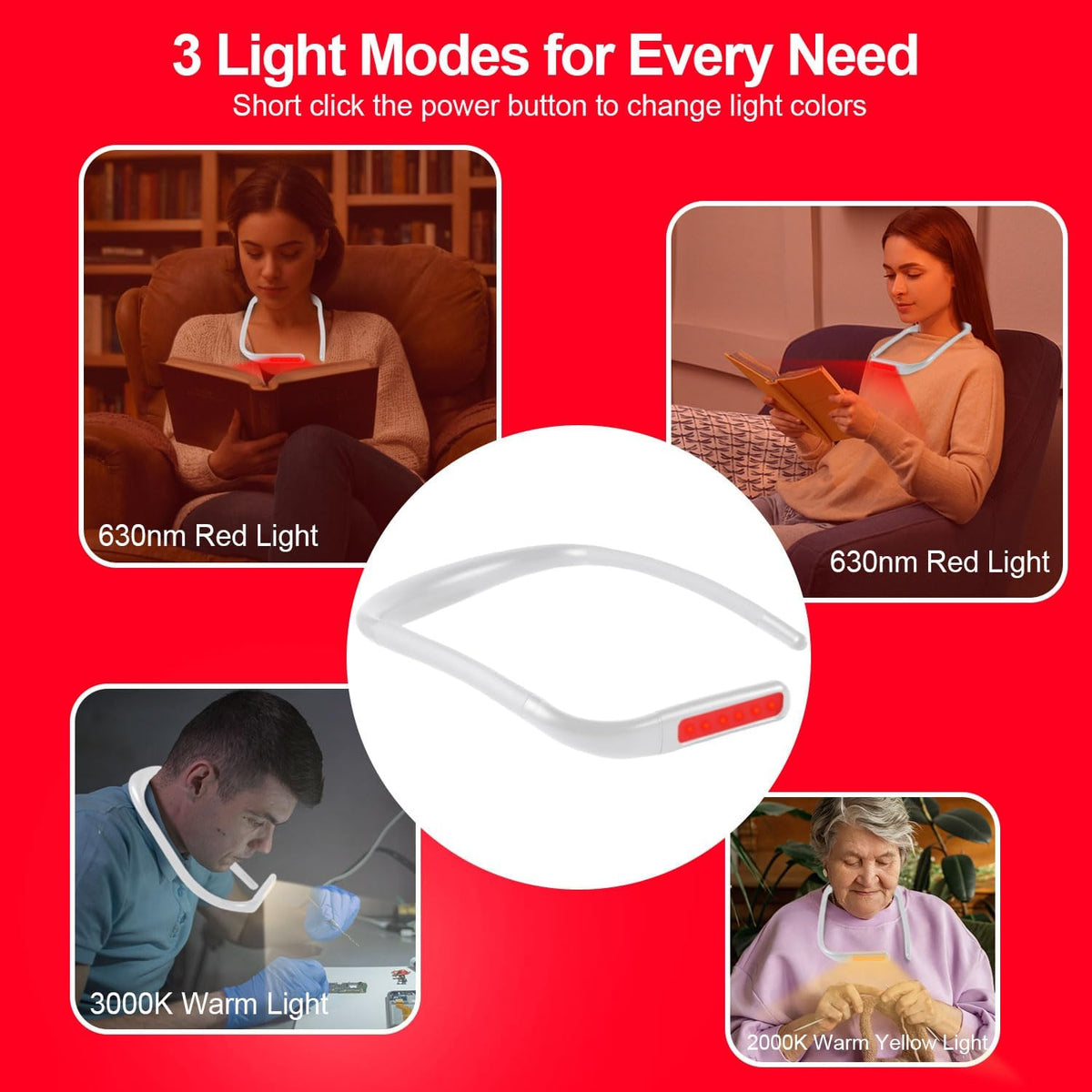 630nm Red Neck Reading Light - Zero Blue Light, Rechargeable Dimmable Portable LED Red Neck Book Lamp for Reading, Crafts, Knitting, Crochet at Night, Ideal Gift for Readers and Craft Lovers