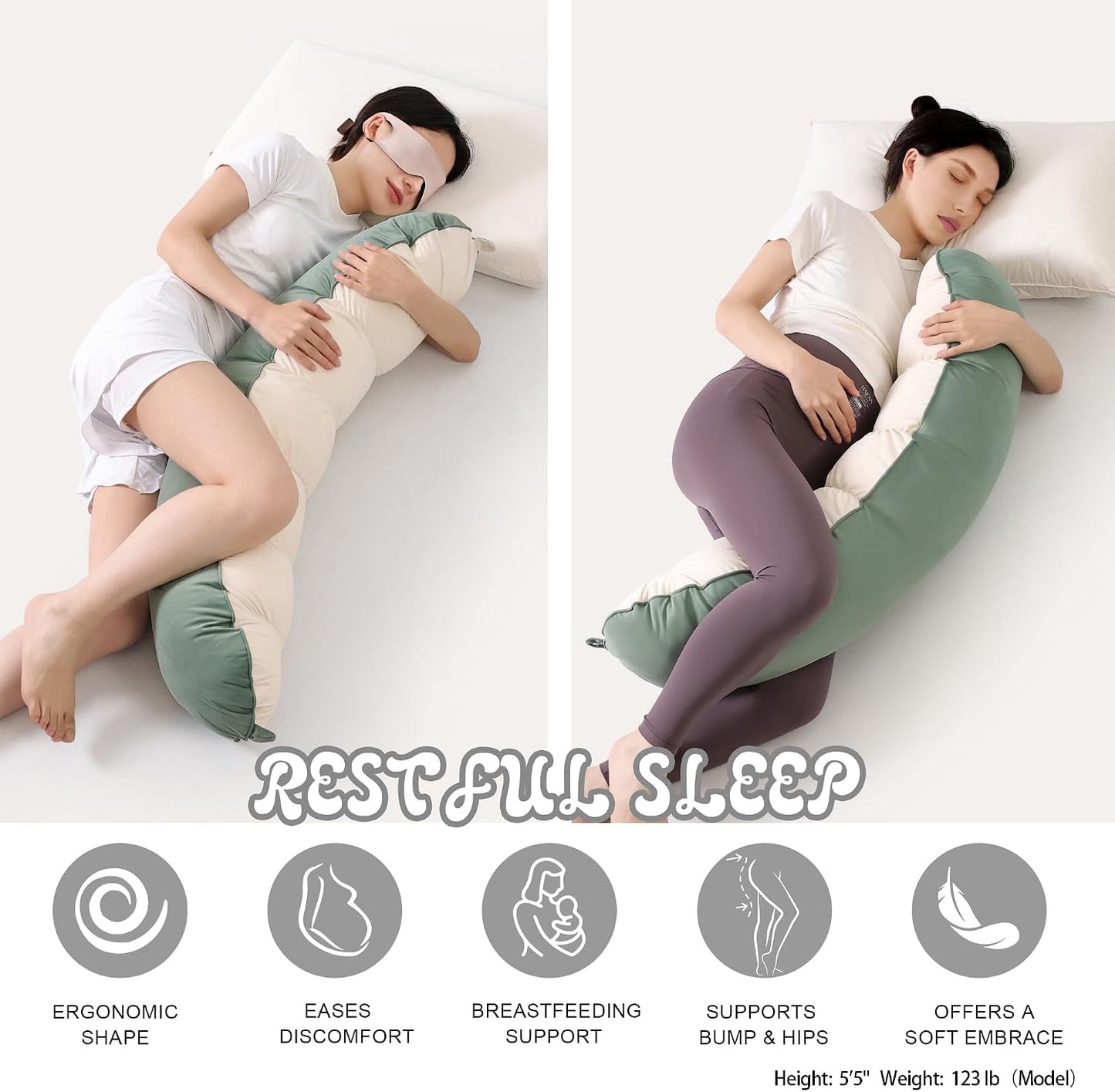 Peallow(Pat. Pend) – Long Round Body Pillow for Adults, Bolster Pillow for Sleeping, Soft and Supportive Pillow for Sleeping & Lumbar Support (Green-White, 29.5")