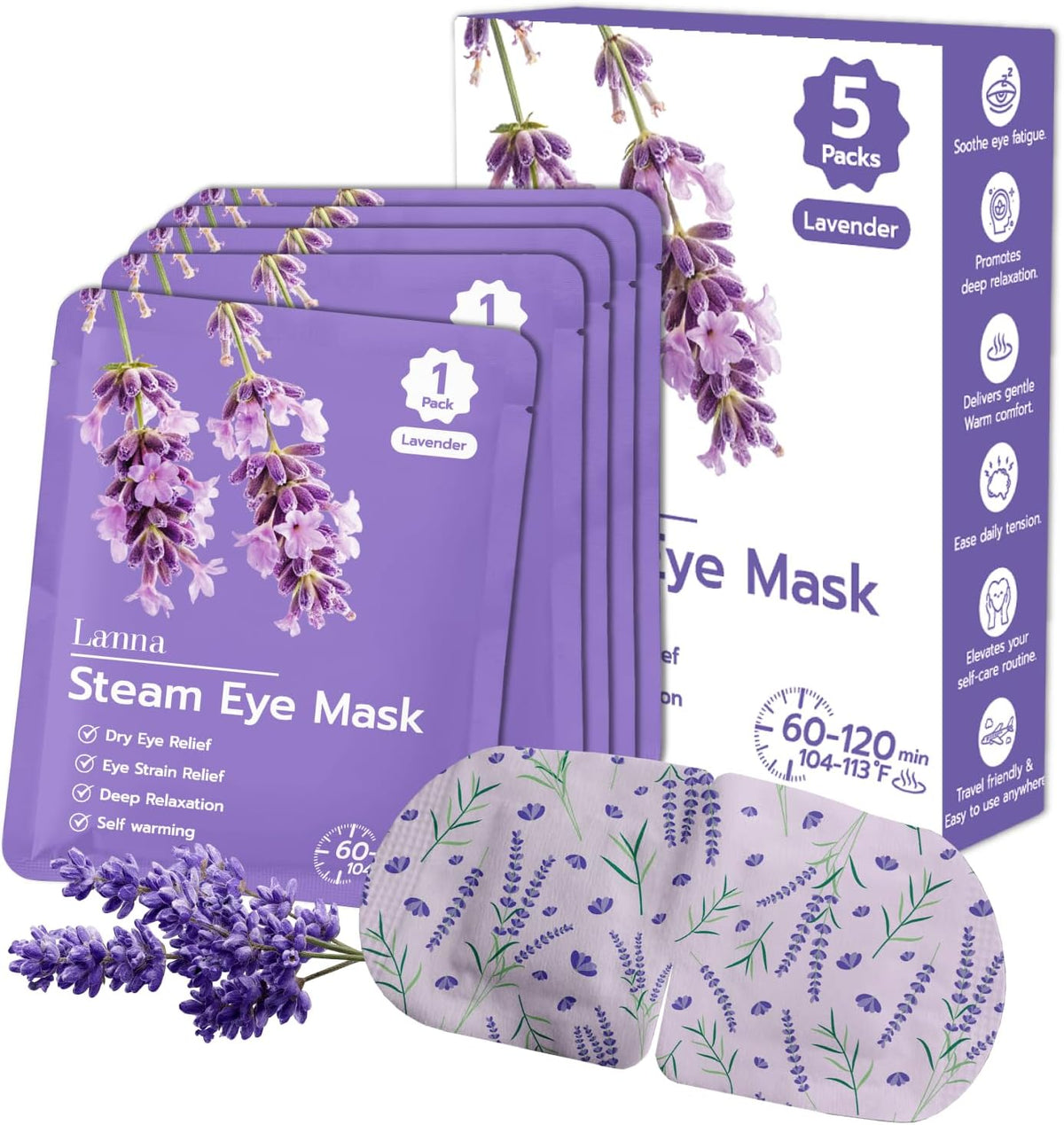 LANNA Heated Steam Eye Mask, Disposable 120 Minutes, Lavender Scent, 5 Pcs