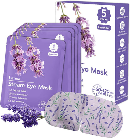 LANNA Heated Steam Eye Mask, Disposable 120 Minutes, Lavender Scent, 5 Pcs