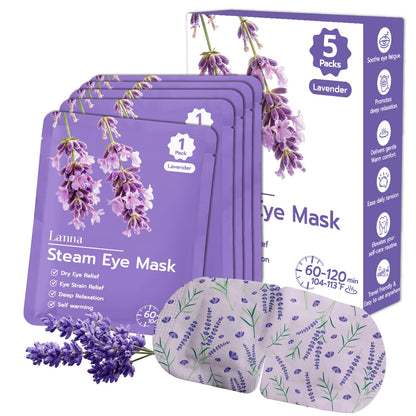 LANNA Heated Steam Eye Mask, Disposable 120 Minutes, Lavender Scent, 5 Pcs | Great for Sleep & Spa Relaxation, Self Heating Warm Compress for Dry & Puffy Eyes Long Lasting Heated Eye Mask for Stye Eyes