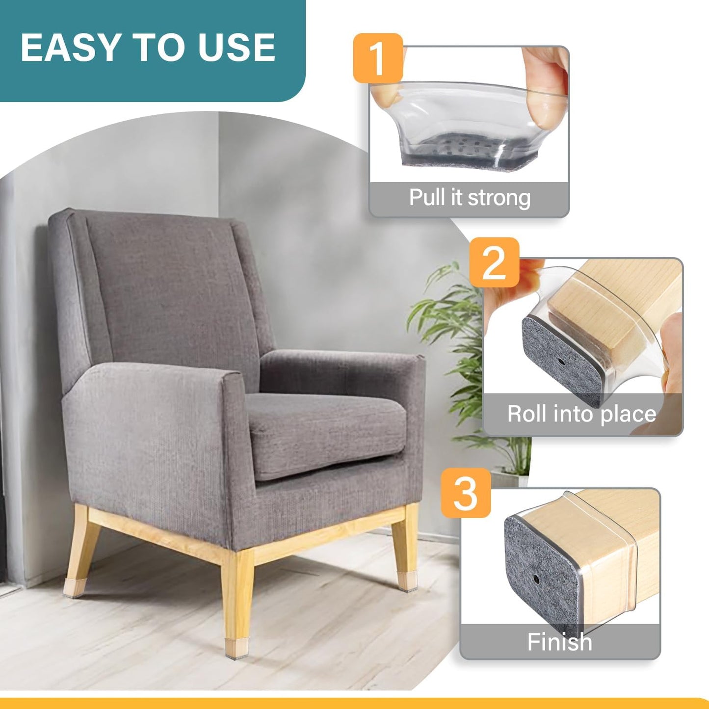Ansible 24 Pcs Chair Leg Floor Protectors Square | Silicone Felt Furniture Leg Pads Caps Covers for Hardwood Floors (Fit:1-1/16" to 1-5/8")