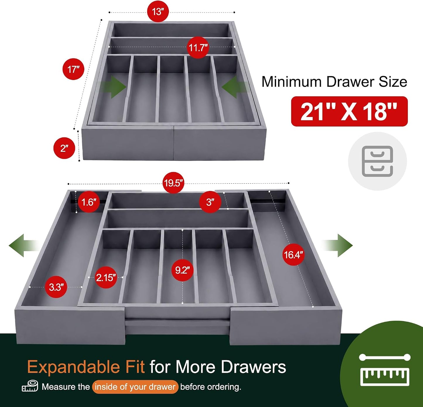 Expandable Bamboo Kitchen Drawer Organizer for Cutlery and Utensils, Adjustable Bamboo Wood Cutlery Tray in Drawer for Flatware and Silverware in Kitchen, (Natural)