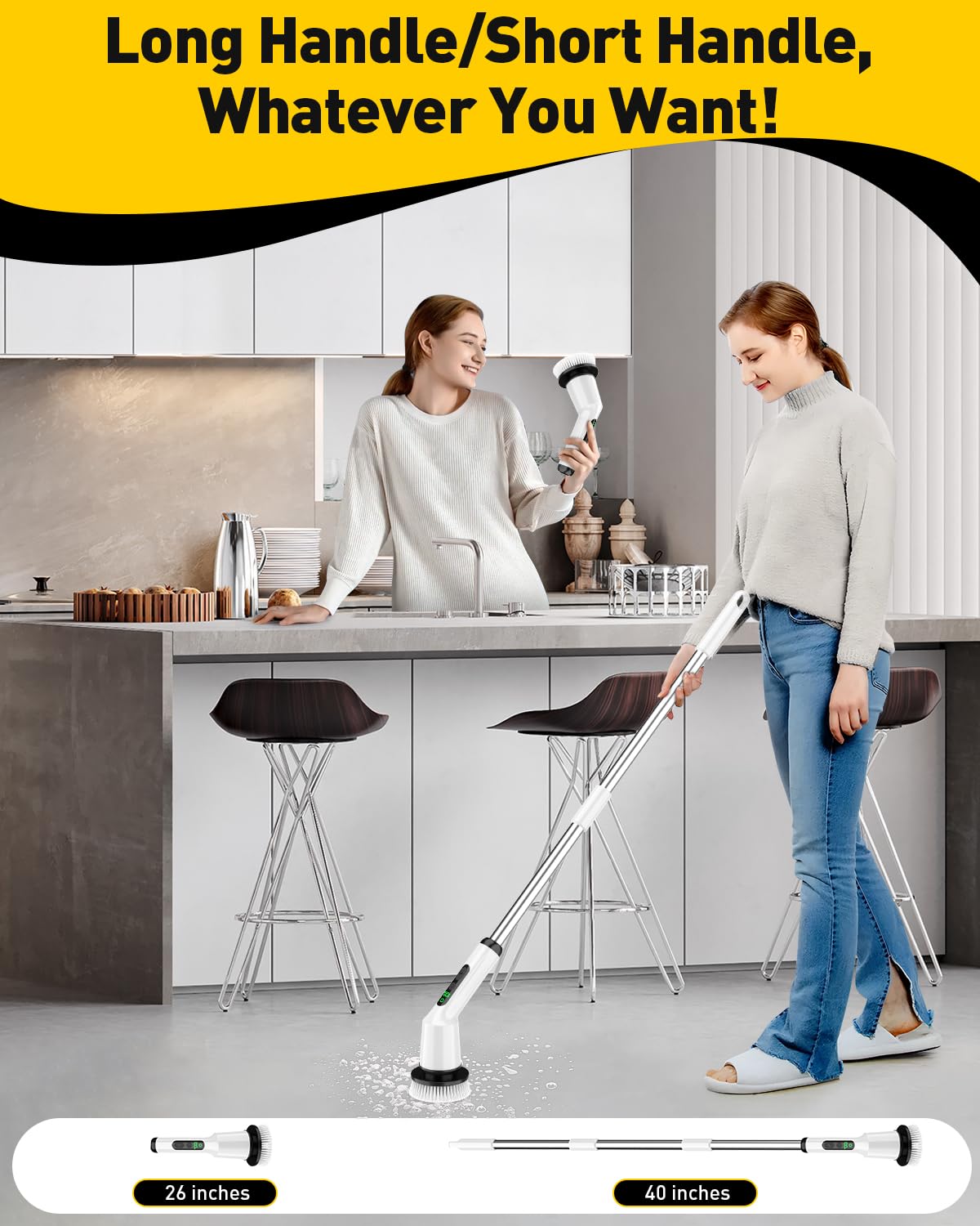 Electric Spin Scrubber for Bathroom, Shower Scrubber with Long Handle | Shower Cleaner Brushes, IPX7 Waterproof & 2 Speed, 3 Brush Heads, 90min Runtime, Bathroom Cleaning Supplies for Toilet Tub