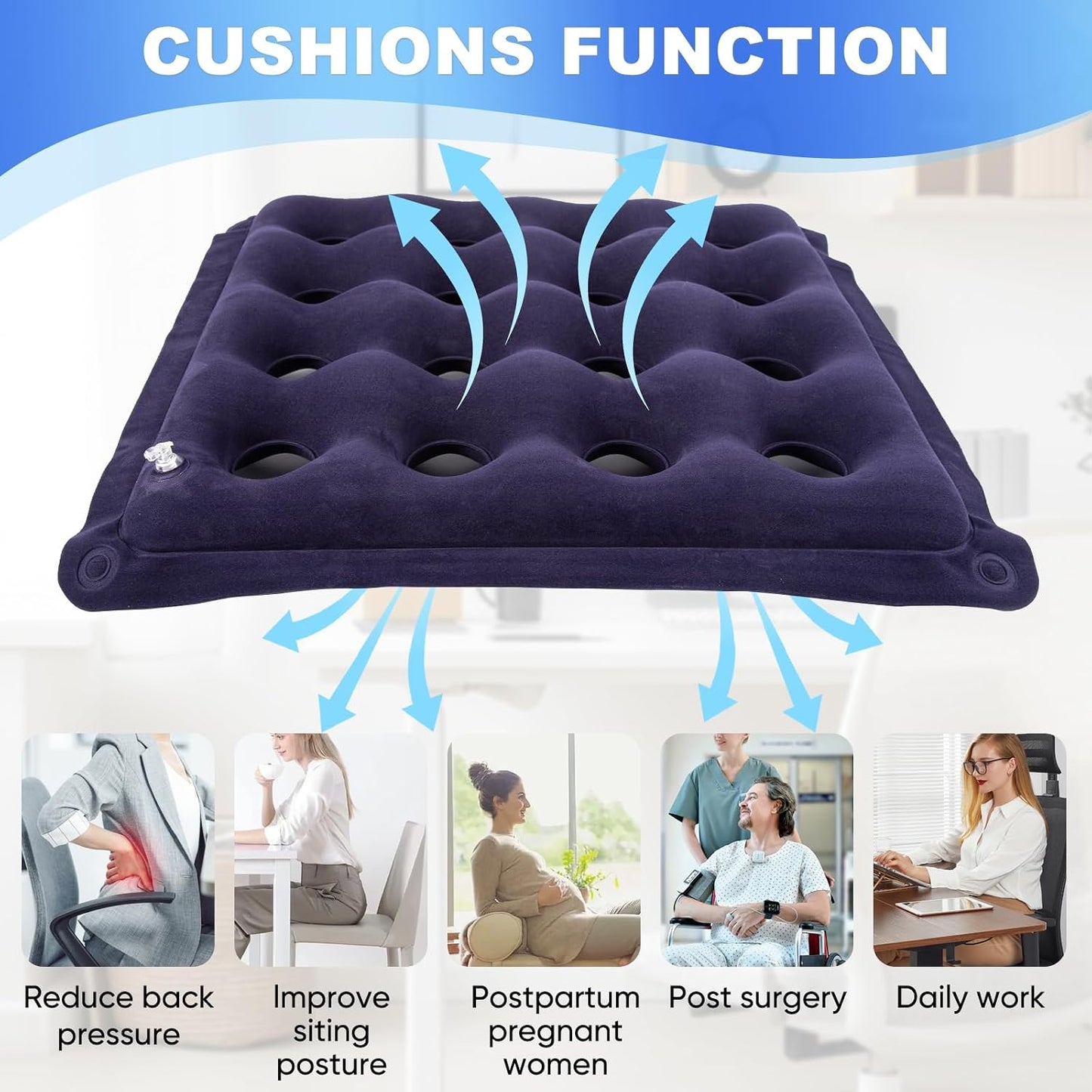2-Pack Inflatable Waffle Cushion for Pressure Relief, Wheelchair Cushion for Pressure Redistribution, Portable Air Seat Cushions for Office Chair Car Seat, Breathable Seat Pad, Includes 1 Air Pumps