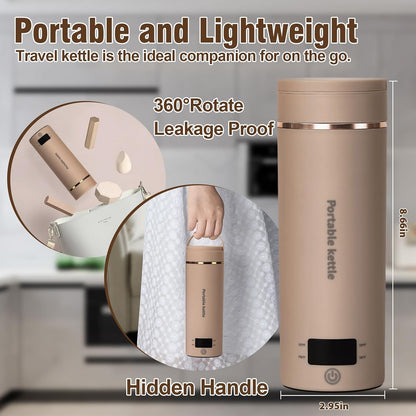 Touxila Portable Electric Kettle for Travel 120V, 13.5oz, 4 Temp Settings | 304 Stainless Steel Lining,Fast Boiling Water,Auto Shut-Off,Boil Dry Protection,Small Kettle for Office & Hotel(Beige, 400ML)