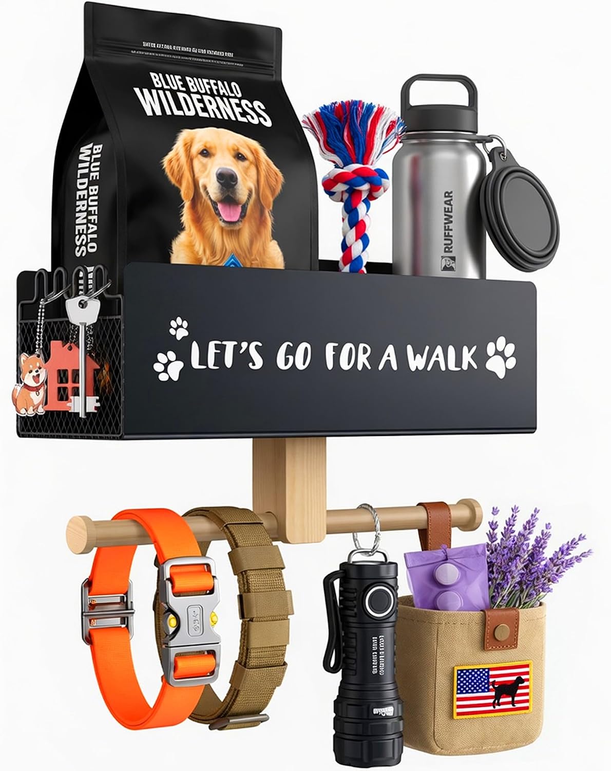 Dog Leash Holder for Wall with Basket, Key Holder, Entryway Pet Organizer | Holds 22 lbs for both dogs and cats homes. Stores leashes, collars, treats. Adhesive or screw mount fits rentals and homes