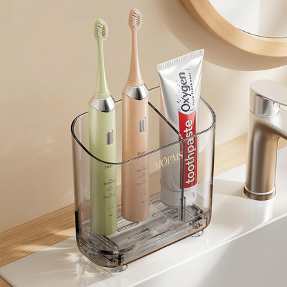 MOPMS Toothbrush Holders with Drainage for Bathrooms Countertop Organizer | 2 Slots Electric Toothbrush Holder Wall-Mount with Divider for Easy Clean, Tooth Brush and Toothpaste Holder for Bathroom