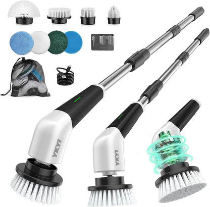 YKYI Electric Spin Scrubber, Cordless Power Cleaning Brush with Long Handle | 8 Brush Heads, 3 Handle Lengths, 2 Speeds, IPX7 Waterproof, 100-Minute Runtime for Tubs, Tile, Floors, Grout, Glass and Cars
