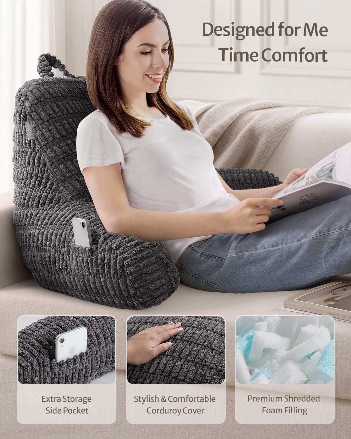 Blissful Diary Reading Pillow, Backrest Pillow with Shredded Memory Foam for Adult & Children, Designed for Bed and Couch Sitting Up, Includes Arms, Pockets and Washable Cover, Off White