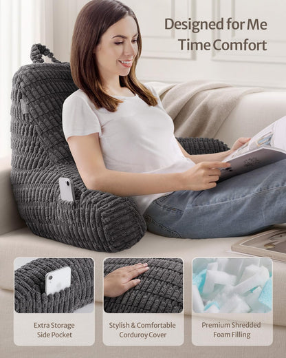 Blissful Diary Reading Pillow, Backrest Pillow with Shredded Memory Foam for Adult & Children, Designed for Bed and Couch Sitting Up, Includes Arms, Pockets and Washable Cover, Off White