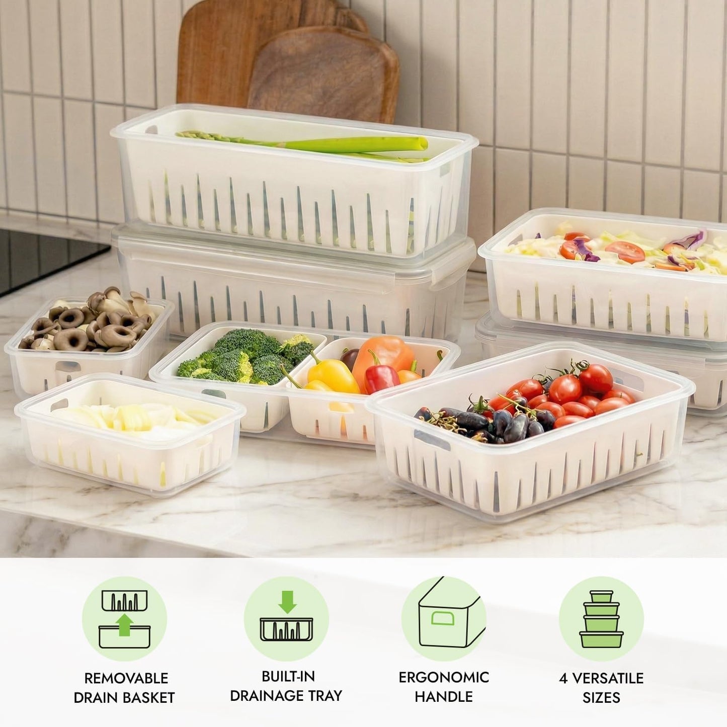 11.4 Cup Produce Saver Container for Fridge with Colander 2.7L | Airtight Fruit & Vegetable Storage Bin, Removable Strainer Basket, BPA-Free, Stackable, White Colander
