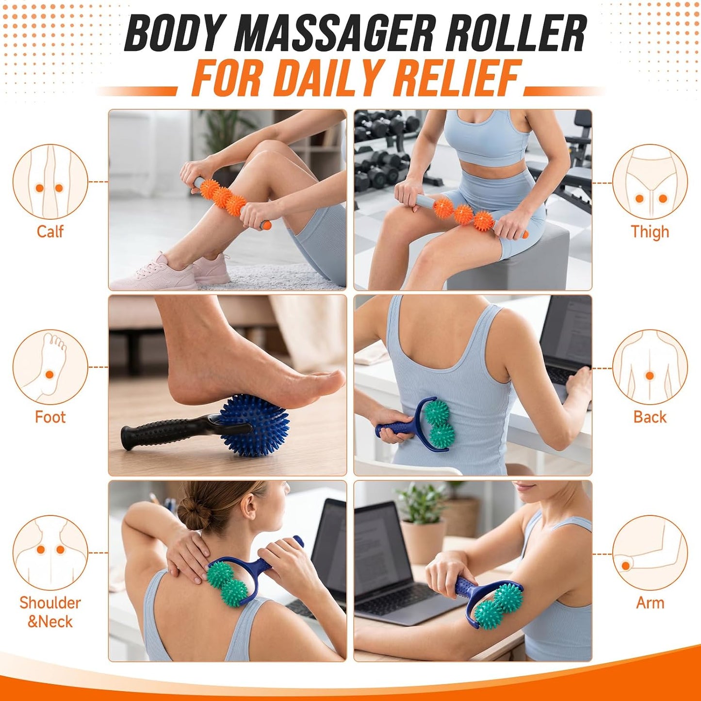 4 Pcs Manual Full Body Massage Tool Set with 5 Finger Rings | Handheld Spiky Massage Roller, Pressure Point Massage Stick, Deep Tissue Release, for Neck, Shoulder, Leg, Feet, Hand, Finger