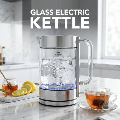 OVENTE 1.7L Double Wall Glass Electric Kettle Water Boiler, Silver KG912S | 1500W Fast Boiling, Easy Fill Lid, Borosilicate Glass, Cool-Touch Design, Blue LED, Auto Shut-Off, Boil-Dry Protection