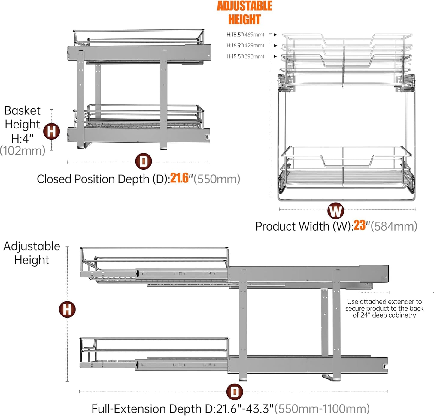2-Tier Cabinet Pull Out Shelves, 14" W x 22" D, Chrome | Heavy-Gauge Wire Kitchen Cabinet Organizer, 100 lbs Capacity, Ball-Bearing Glides, Min 15" Opening, For Tupperware & Bowls