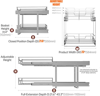 2-Tier Cabinet Pull Out Shelves, 14" W x 22" D, Chrome | Heavy-Gauge Wire Kitchen Cabinet Organizer, 100 lbs Capacity, Ball-Bearing Glides, Min 15" Opening, For Tupperware & Bowls