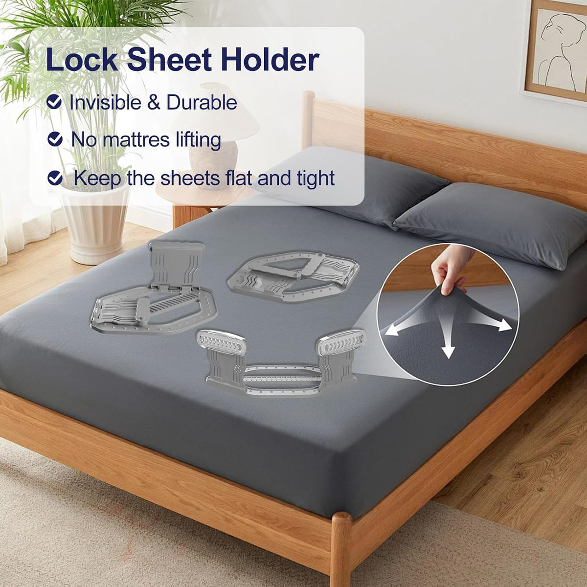 Bed Sheet Holders for Corners,New Upgrade Fitted Bed Sheet Grippers Dual-Side Lock Design, 4Pcs Heavy Duty Sheet Clips All Mattress Sizes, No More Loose Sheets, Lock Sheet Holders Keep Firm (Gray)