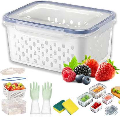 4 in 1 Food Storage Container with Lid, 2026 New Fruit Storage Containers for Fridge, Transparent Produce Storage Box with Drain Basket & Removable Colander for Salad Berry Vegetables (Blue, S/M/L)