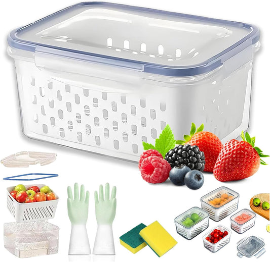 4 in 1 Food Storage Container with Lid, 2026 New Fruit Storage Containers for Fridge, Transparent Produce Storage Box with Drain Basket & Removable Colander for Salad Berry Vegetables (Blue, S/M/L)