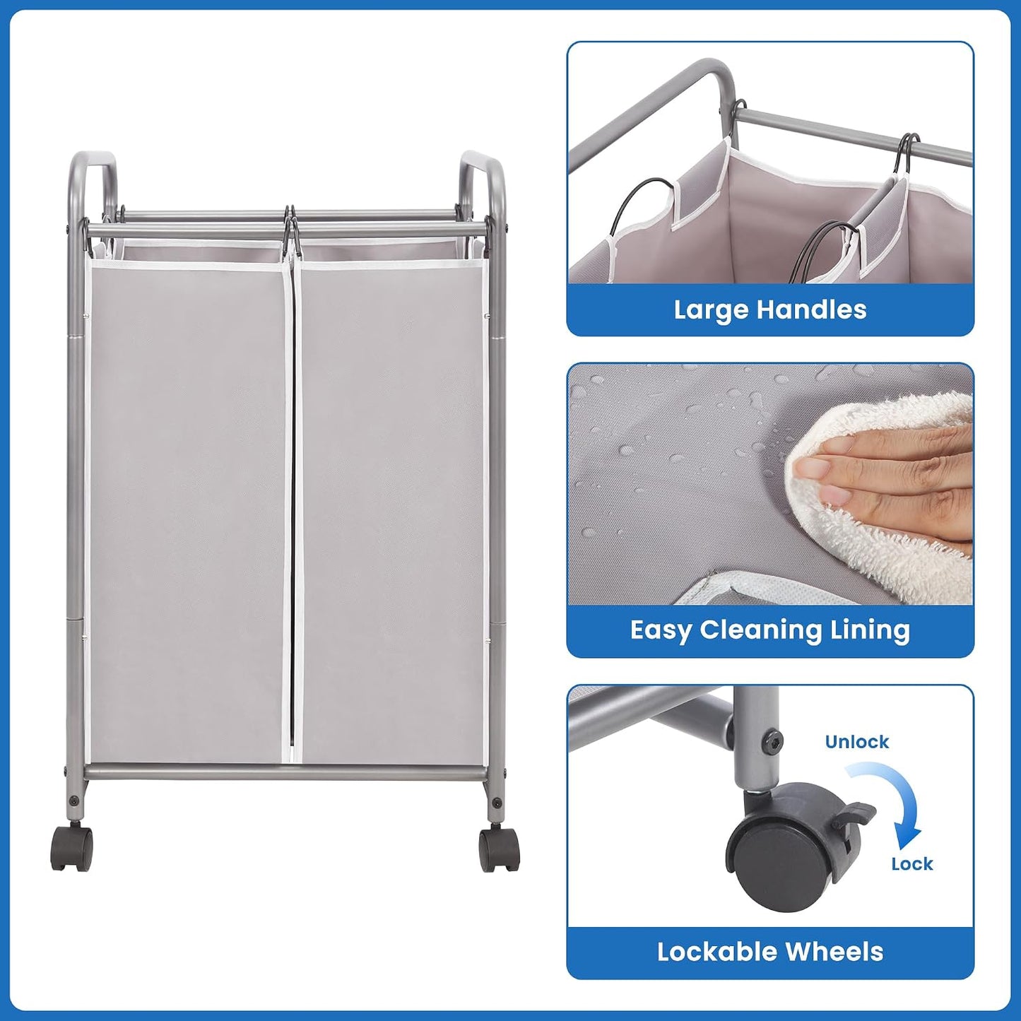 STORAGE MANIAC 3 Section Laundry Sorter, 35.6 Gal (135 L) Laundry Hamper Cart with Heavy Duty Rolling Lockable Wheels and Removable Bags, Clothes Organizer Basket Separator Hamper, Gray