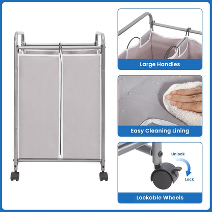 STORAGE MANIAC 3 Section Laundry Sorter, 35.6 Gal (135 L) Laundry Hamper Cart with Heavy Duty Rolling Lockable Wheels and Removable Bags, Clothes Organizer Basket Separator Hamper, Gray