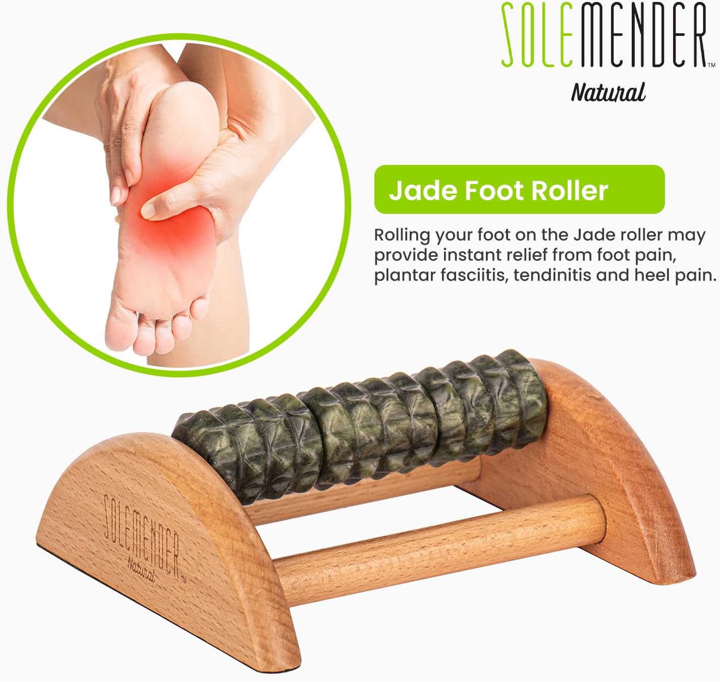 Wooden Foot Roller - Soothe & Massage Sore Feet (Jade Stone) | Boosts Circulation & Relaxes Tired Muscles, Deep-Tissue Massage At Home, Under the Desk Foot Pain Relief