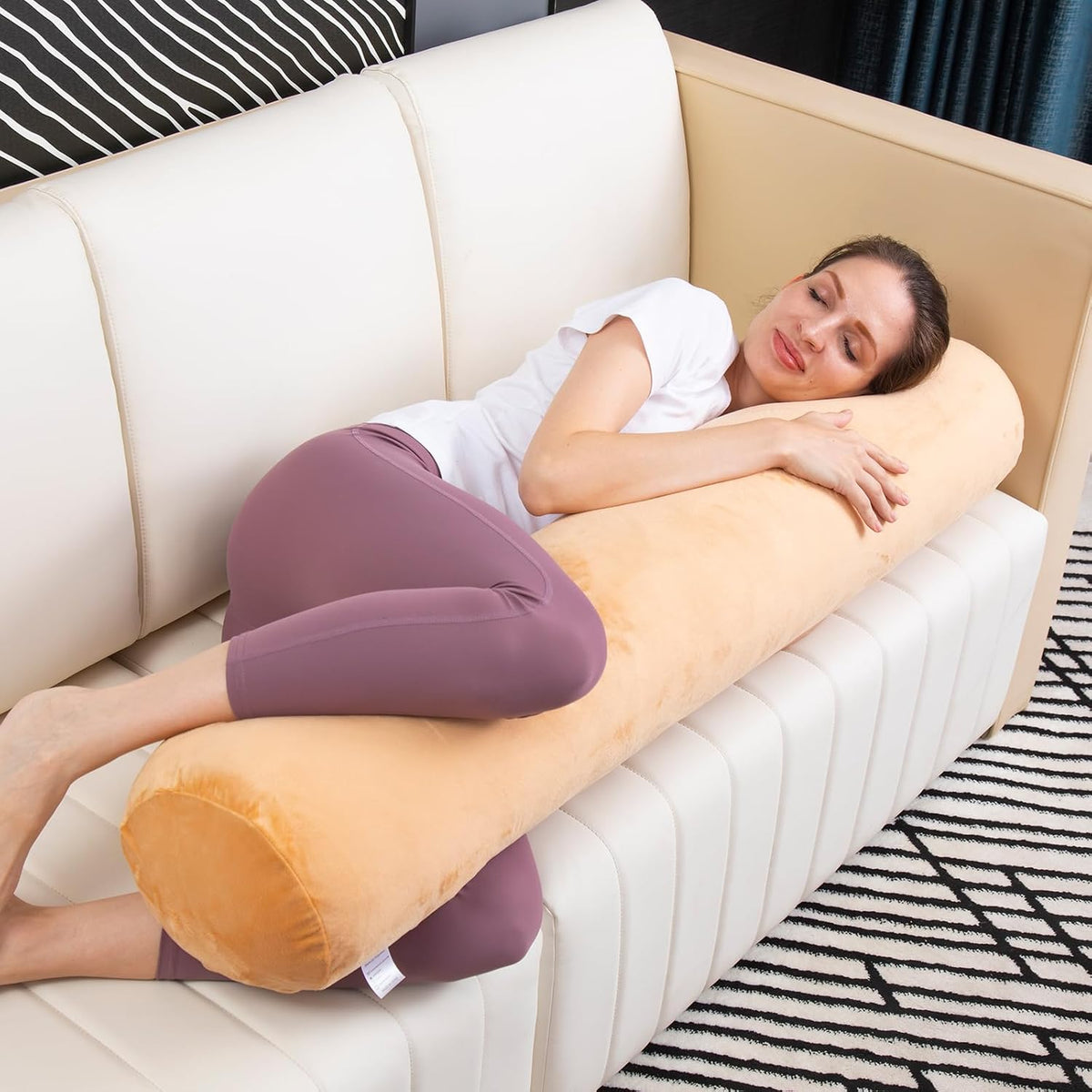 1 MIDDLE ONE Body Pillow for Adults, Bolster Pillow with Removable Velvet Cover, Long Round Cervical Roll Pillow, 35 x 7.87 Inches, Blue
