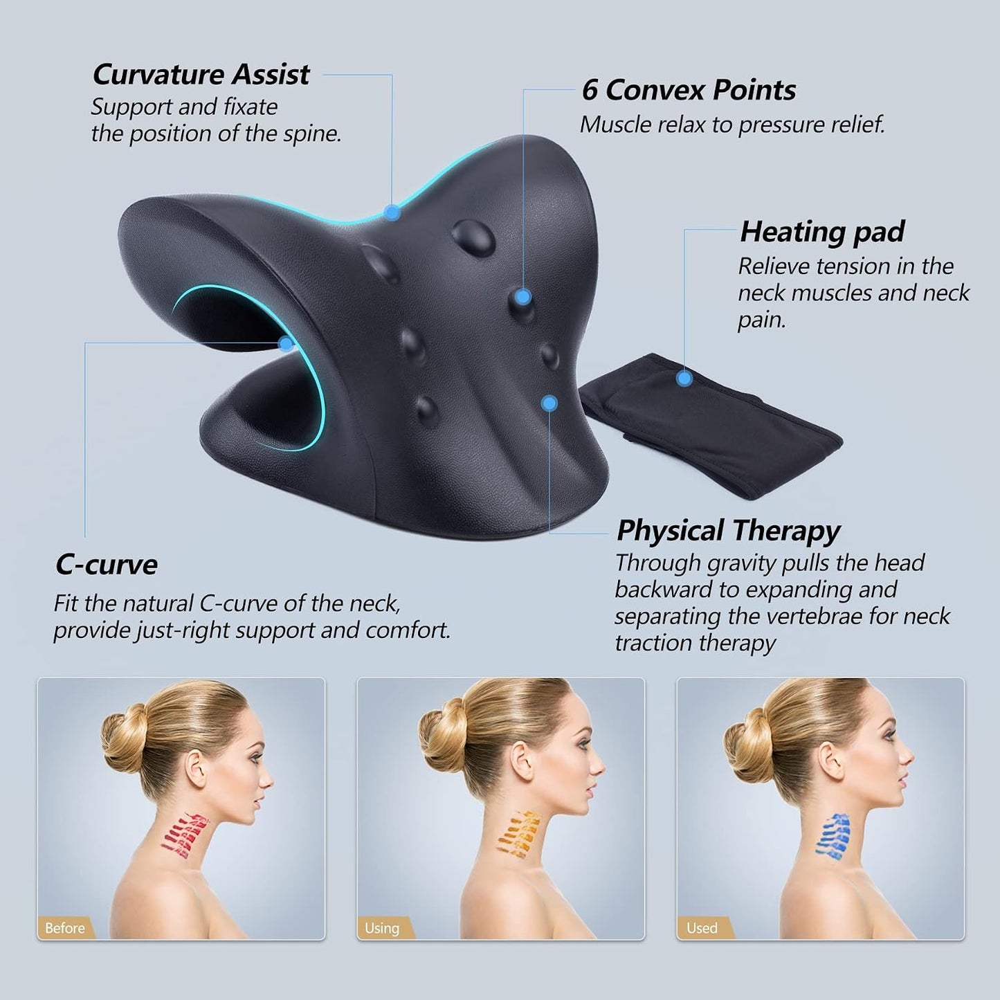 Neck Stretcher for Neck Pain Relief, Heated Cervical Traction Device Pillow with Graphene Heating Pad, Neck and Shoulder Relaxer for TMJ Pain Relief and Cervical Spine Alignment (Dark Blue)