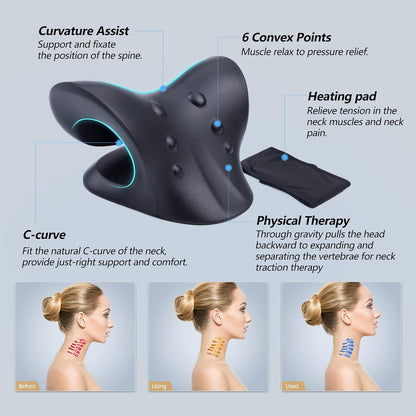 Neck Stretcher for Neck Pain Relief, Heated Cervical Traction Device Pillow with Graphene Heating Pad, Neck and Shoulder Relaxer for TMJ Pain Relief and Cervical Spine Alignment (Dark Blue)