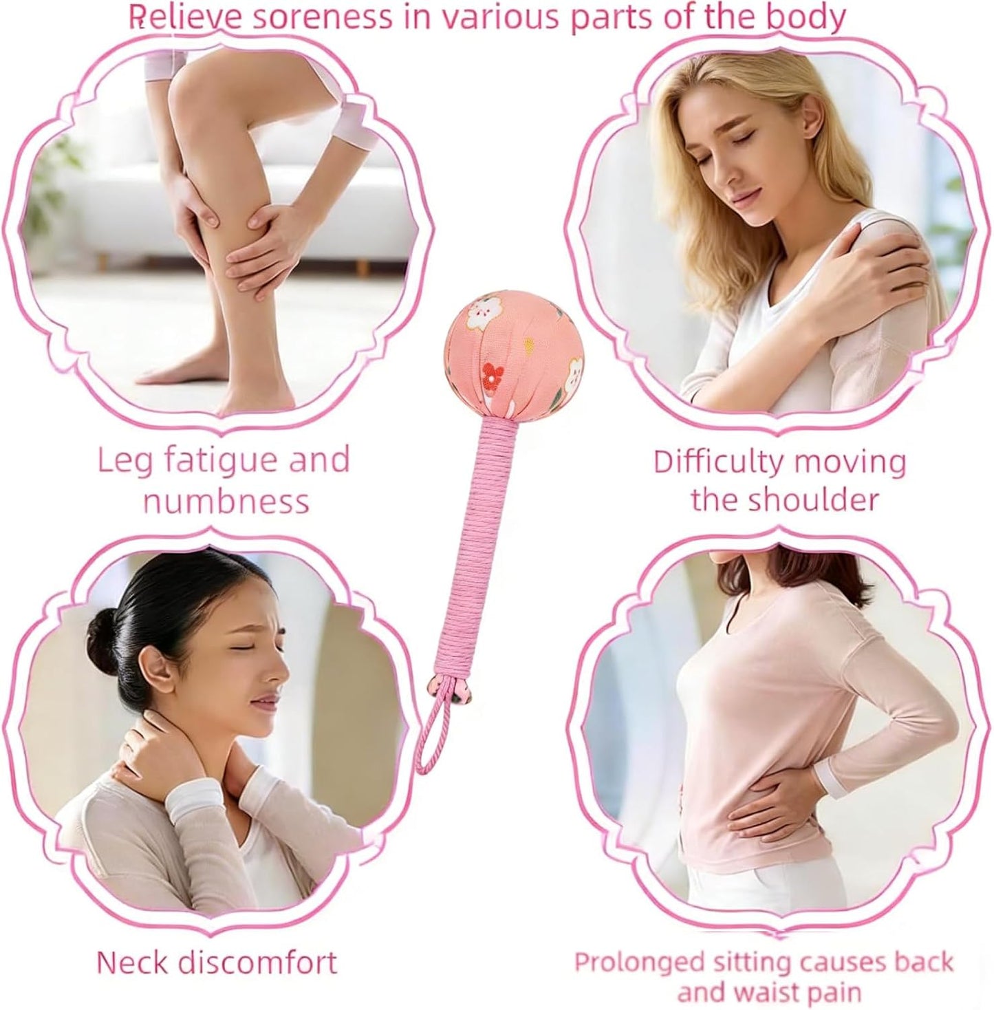 Wormwood Mugwort Massage Hammer 26cm, Manual Lymphatic Drainage Tool, Handheld Percussion Massager for Full Body Muscle Tension Relief (1, Pink)