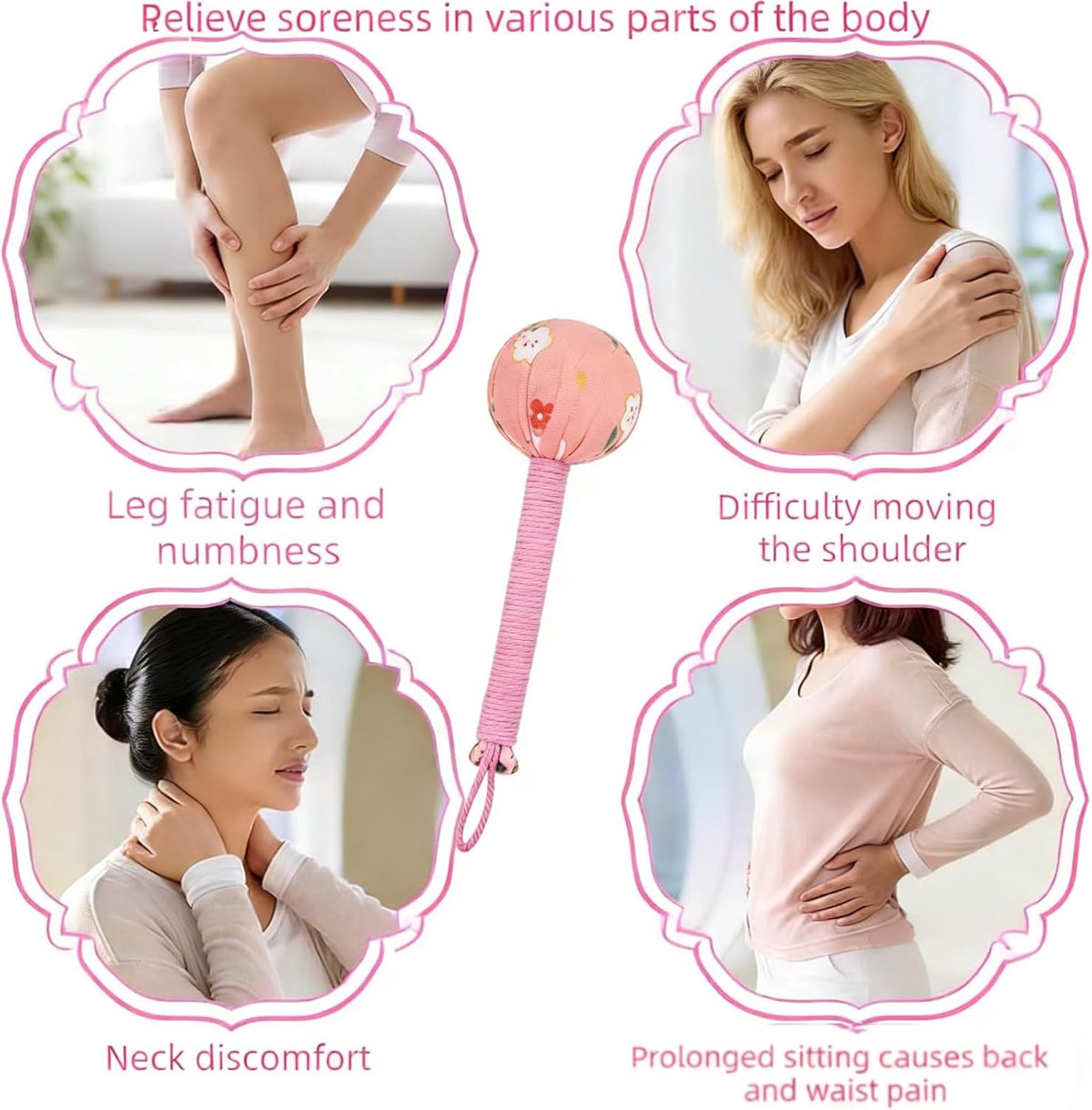 Wormwood Mugwort Massage Hammer 26cm, Manual Lymphatic Drainage Tool, Handheld Percussion Massager for Full Body Muscle Tension Relief (1, Pink)