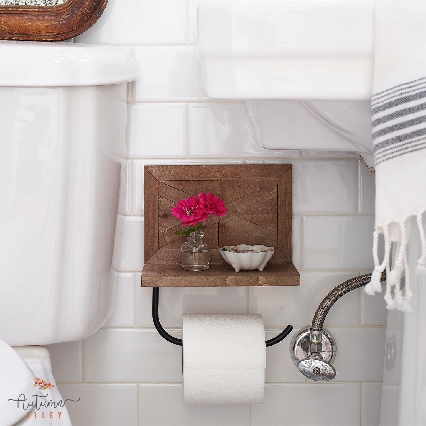 Autumn Alley Rustic Farmhouse Toilet Paper Holder with Shelf for Wipes - Rustic Farmhouse Bathroom Decor - Farmhouse Bathroom Accessories and Western Bathroom Decor Wall Mounted, Brown Wood