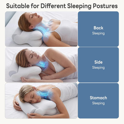 DUMOS 2-in-1 Contoured Neck Pillow, Slow Rebound Cooling Memory Foam with Detachable Round Support Roll, Multi Support Bolster for Neck Waist Ankle, Washable Cover for Side Back Stomach Sleepers White