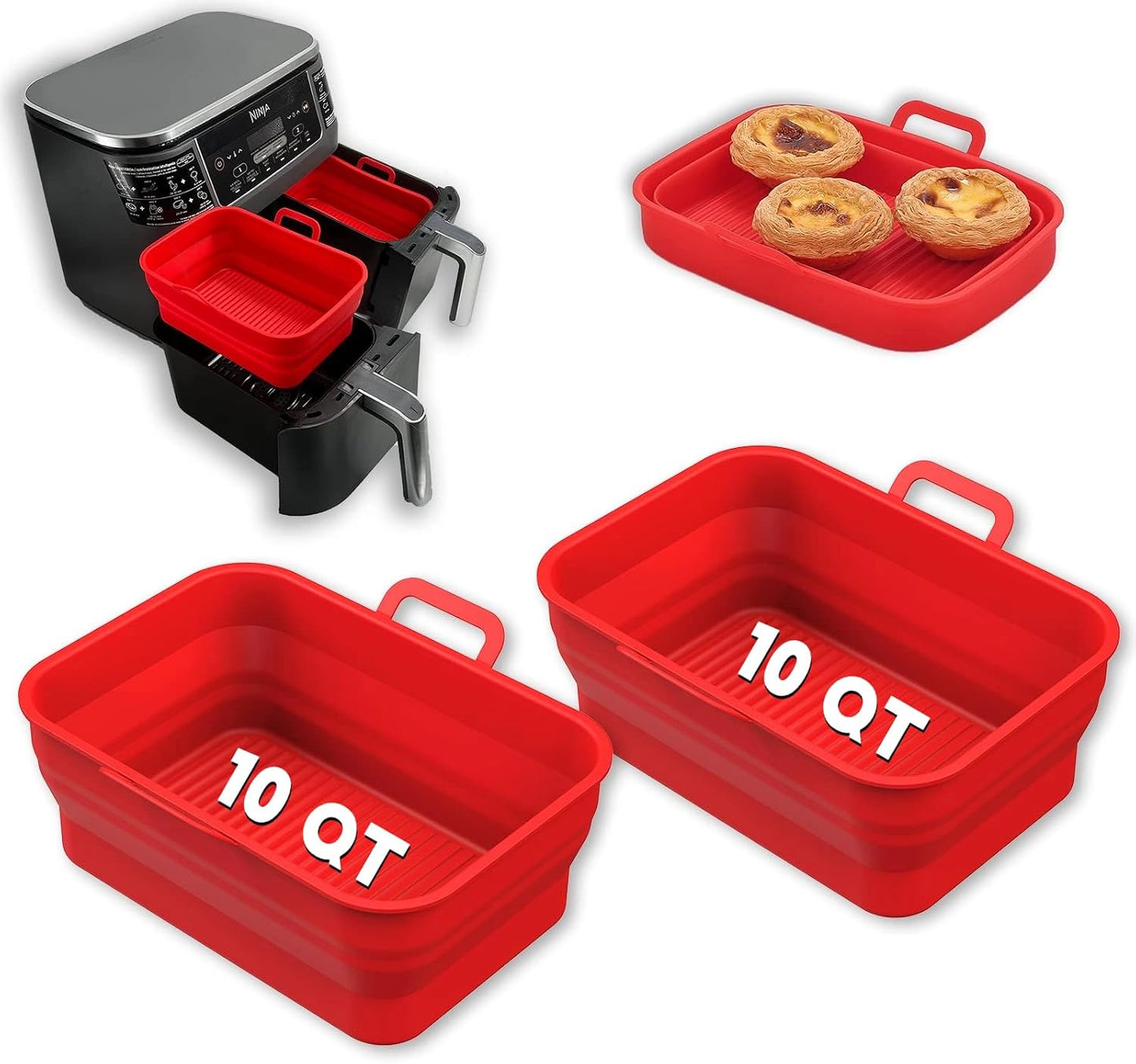 Collapsible Silicone Air Fryer Liners 8QT 10QT Ninja Dual (Gray) | 2 Pack Food Grade Platinum Silicone, Snug Rectangular Fit, Grease Drainage Ridges, Dishwasher Safe, BPA Free Basket Liner