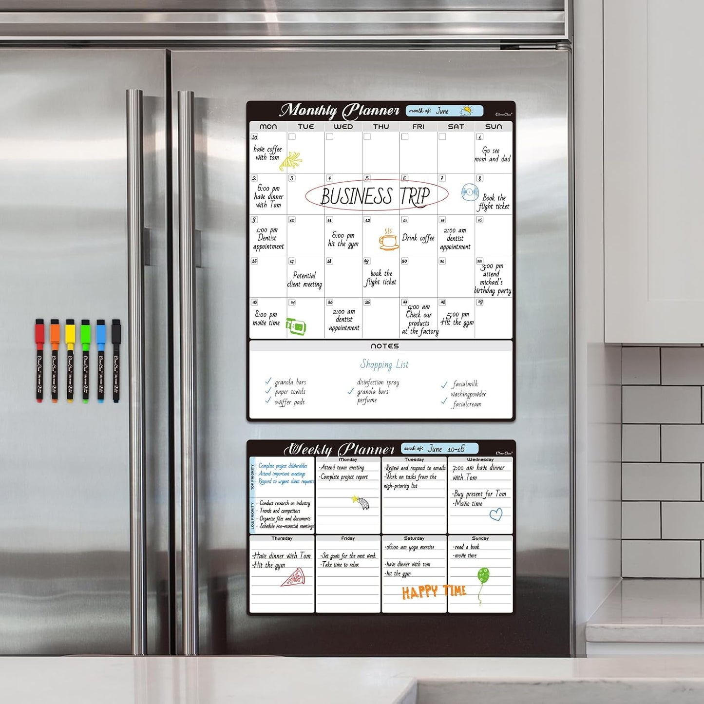 Magnetic Dry Erase Monthly Calendar Set - 15.5"x13" Monthly and 8.5"x13" Weekly Calendar for Fridge - 6 Extra Fine Point Markers Included - Shipped Flat