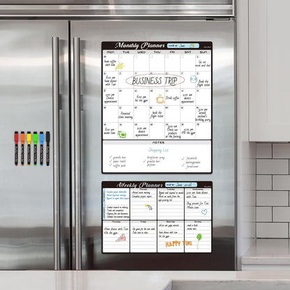 Magnetic Dry Erase Monthly Calendar Set - 15.5"x13" Monthly and 8.5"x13" Weekly Calendar for Fridge - 6 Extra Fine Point Markers Included - Shipped Flat