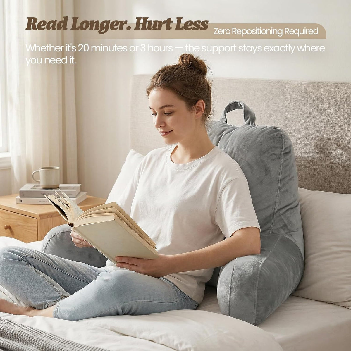 ACH Reading Pillow with Arms for Adults - Adjustable Memory Foam Bed Rest Pillow, Lumbar & Neck Back Support, Soft Velvet Cover Machine Washable, Deep Side Pocket & Carry Handle, Grey
