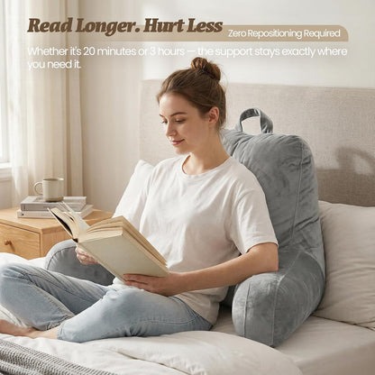 ACH Reading Pillow with Arms for Adults - Adjustable Memory Foam Bed Rest Pillow, Lumbar & Neck Back Support, Soft Velvet Cover Machine Washable, Deep Side Pocket & Carry Handle, Grey