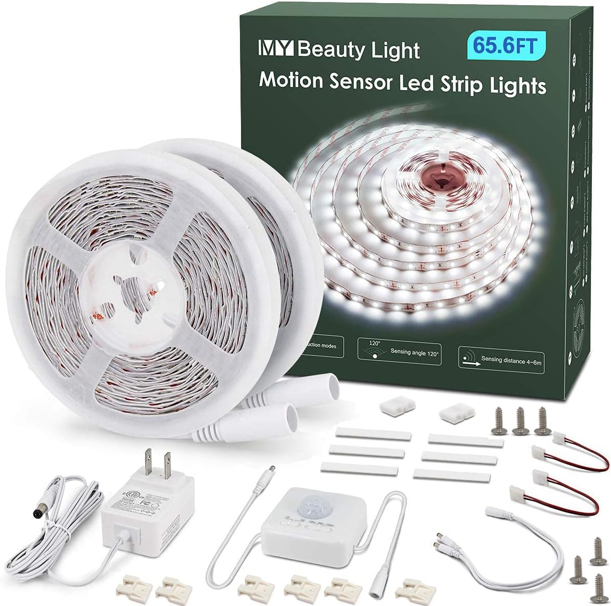 MY BEAUTY LIGHT Motion Activated LED Strip Lights, 16.4ft LED Light Strip with Day or Night 2 Lighting Modes, 3 Timing Off Modes, Bright White 12v Plug-in LED Rope Lights for Under Cabinet, Kitchen