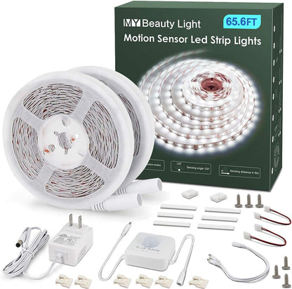 MY BEAUTY LIGHT Motion Activated LED Strip Lights, 16.4ft LED Light Strip with Day or Night 2 Lighting Modes, 3 Timing Off Modes, Bright White 12v Plug-in LED Rope Lights for Under Cabinet, Kitchen