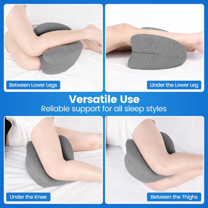 Knee Pillow for Side Sleepers, Memory Foam Leg Pillow, Grey | Heart-shaped design, high-density memory foam, raised edges, machine-washable cover, supports knee, hip and spinal alignment