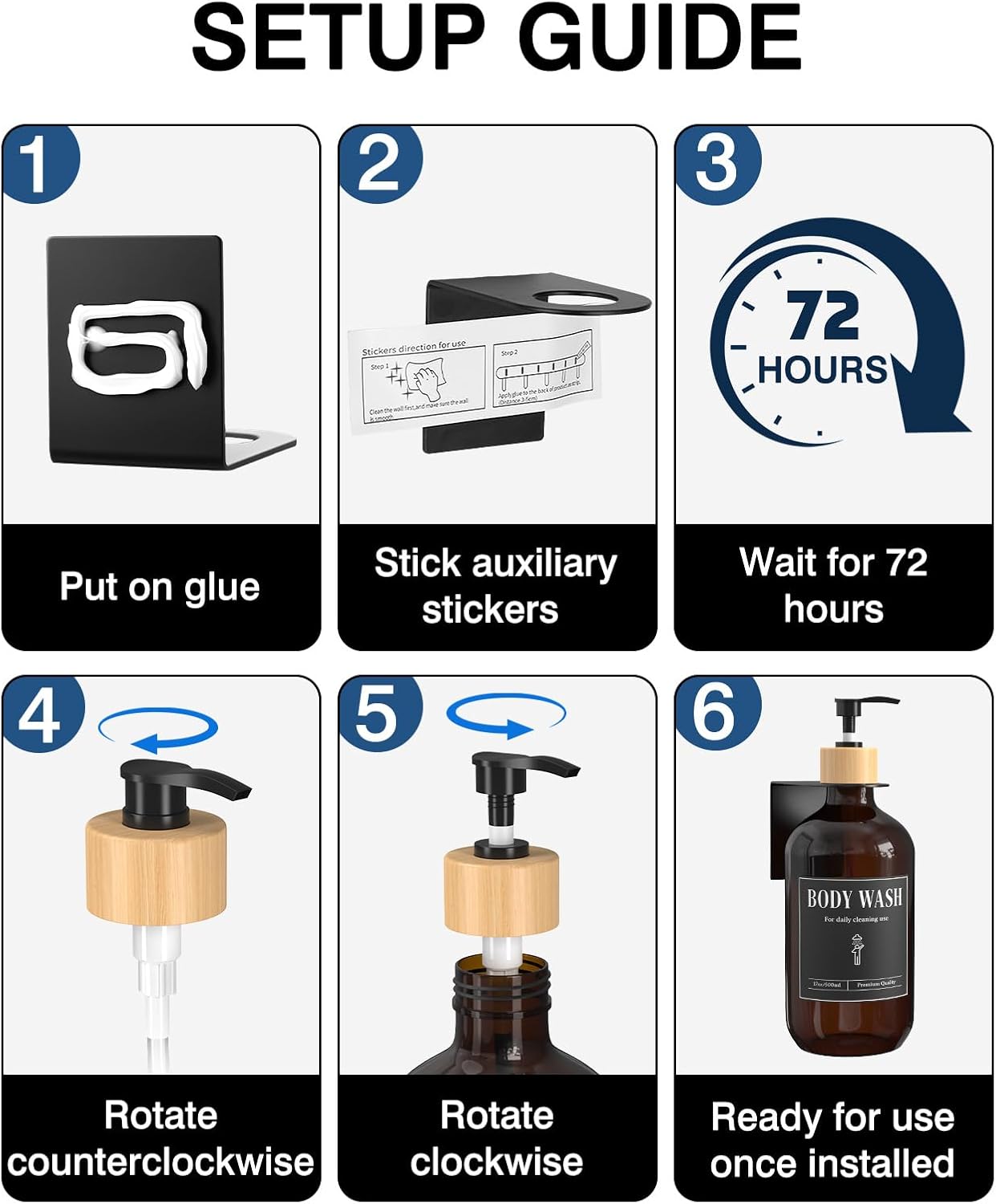 Luxspire 17oz Shampoo and Conditioner Dispenser 3 Sets for Bathroom, Black | Matte PET bottle, no-drill stainless bracket, detachable pump, dual wall/counter install with classification stickers