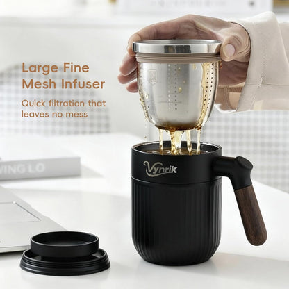 Tea Infuser Cup Doubles As Insulated Coffee Mug, Tea Cup With Lid And Handles, Removable Stainless Steel Tea Strainers For Loose Tea (Black)