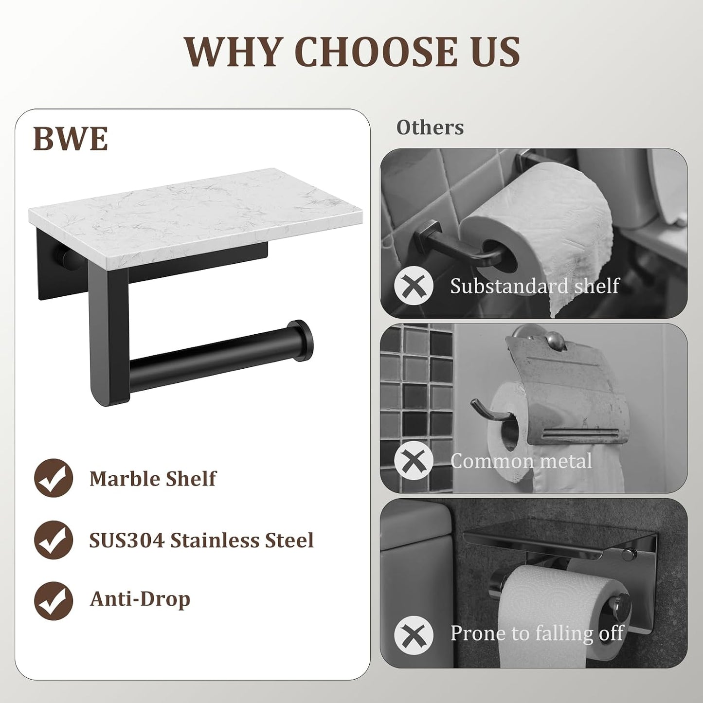 BWE Brushed Gold Toilet Paper Holder with Marble Shelf Wall Mounted | Toilet Paper Roll Holder with Phone Shelf 304 Stainless Steel Tissue Holder for Bathroom Washroom,Saving Space