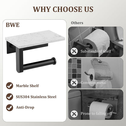 BWE Brushed Gold Toilet Paper Holder with Marble Shelf Wall Mounted | Toilet Paper Roll Holder with Phone Shelf 304 Stainless Steel Tissue Holder for Bathroom Washroom,Saving Space